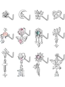 12Pcs Dangle Nose Rings Studs Surgical Steel L Shaped Nose Rings for Women Cute Flower Butterfly Wing Dangling Nose Piercing Jewelry 20G