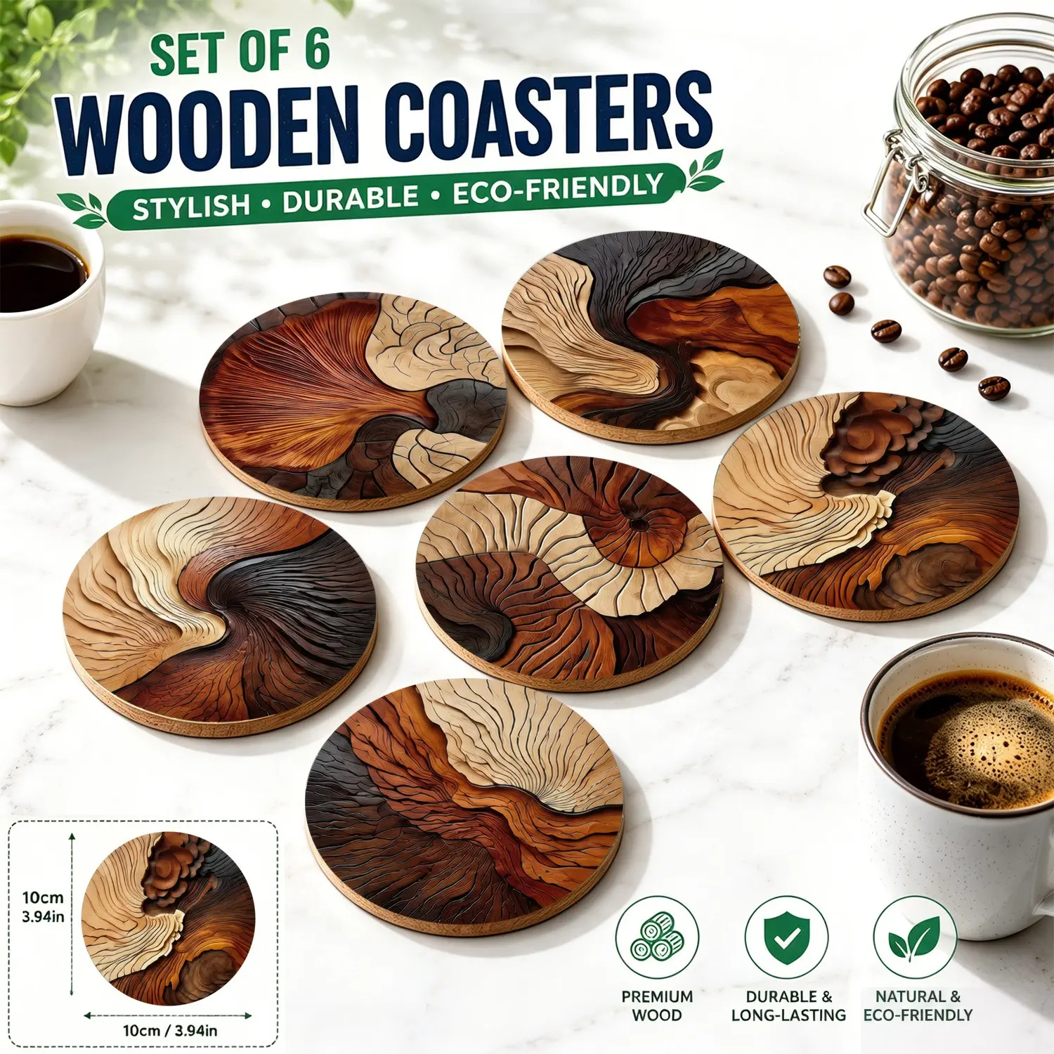 Artistic Wood Grain Wooden Coasters Set of 6, Unique Abstract Texture, Bohemian & Modern Home Decor, Durable Plywood Material