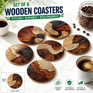 Artistic Wood Grain Coasters Set of 6, Unique Abstract Texture, Bohemian & Modern Home Decor, Durable Plywood Material