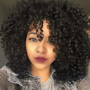 Curly Wigs for Black Women - Afro Curly Wig with Bangs Natural Black Hair Synthetic Heat Resistant Full Wigs with 1 Wig Comb and 4pcs Wig Caps Premium Material Adjustable Size