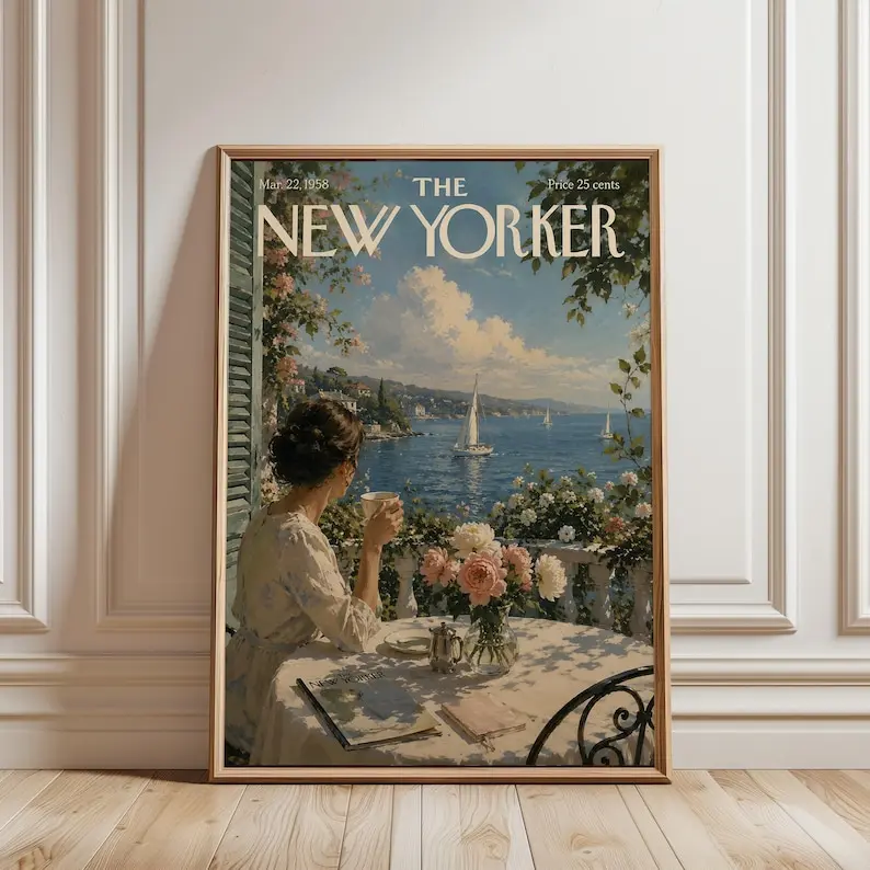Coastal New Yorker Poster Print, Mediterranean Wall Art, Vintage Seaside Decor, Sailing Ocean Poster