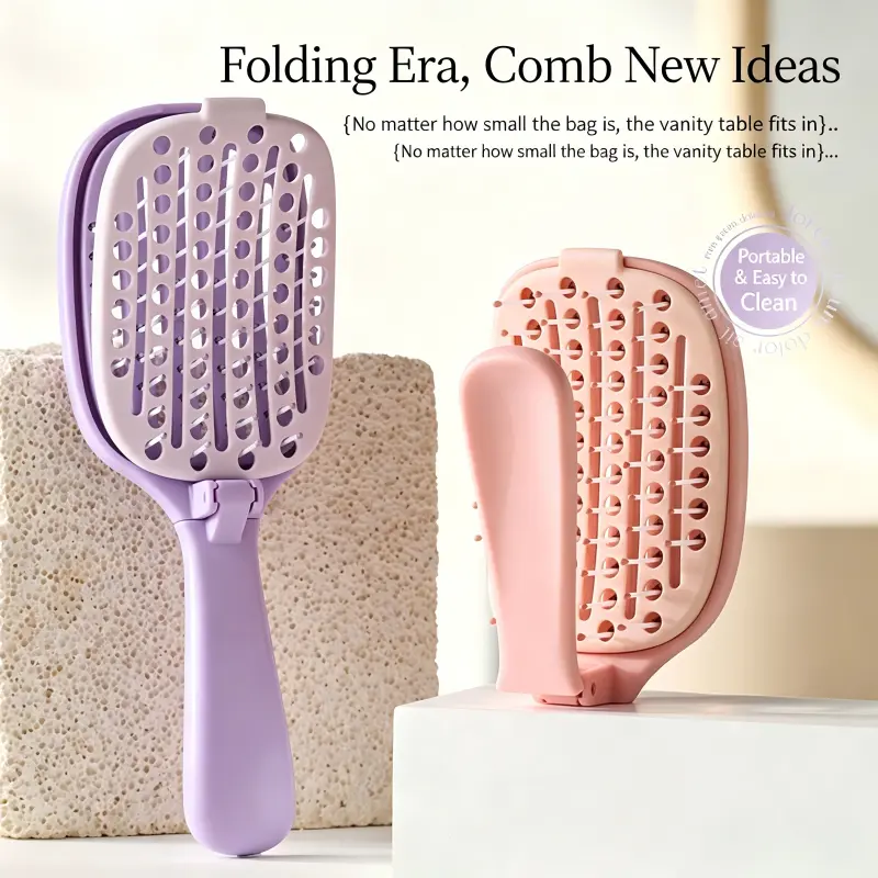 Portable Foldable Self-Cleaning Pocket Hair Brush for Men and Women - Breathable Quick-Drying, Suitable for Thin/Thick, Curly/Straight, Dry Hair