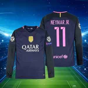 16-17 Away Match Blue/Pink No. 11 Neymar Long-Sleeve Football Jersey