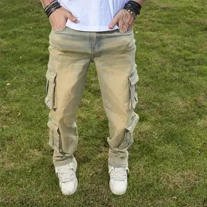 New Men Vintage Multiple pockets Cargo Jeans Trousers Male Stylish Streetwear Solid color Baggy Carpenter Straight Denim Pants Casual Classic Beige Menswear