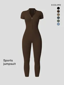 Women's Solid Zipper Mock Neck Sports Jumpsuit, Summer Outfits 2024, Casual Sporty High Waist Quick Drying Jumpsuit for Yoga Gym Workout, Ladies Summer Sportswear, Sporty Comfy Jumpsuit