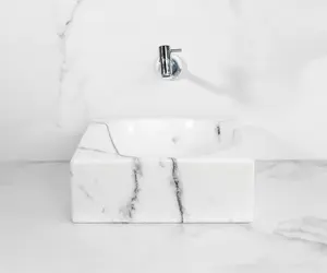 Carrara White Square Marble Sink with Free Marble Soap Dispenser for Elegant Bathrooms for Elegant Bathrooms