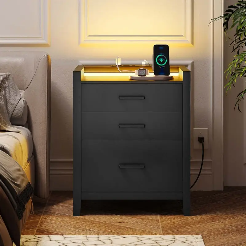 Sikaic LED Nightstand with USB Ports and Outlets 3 Drawers Black Open Storage Furniture Bedroom Table Modern Bedside