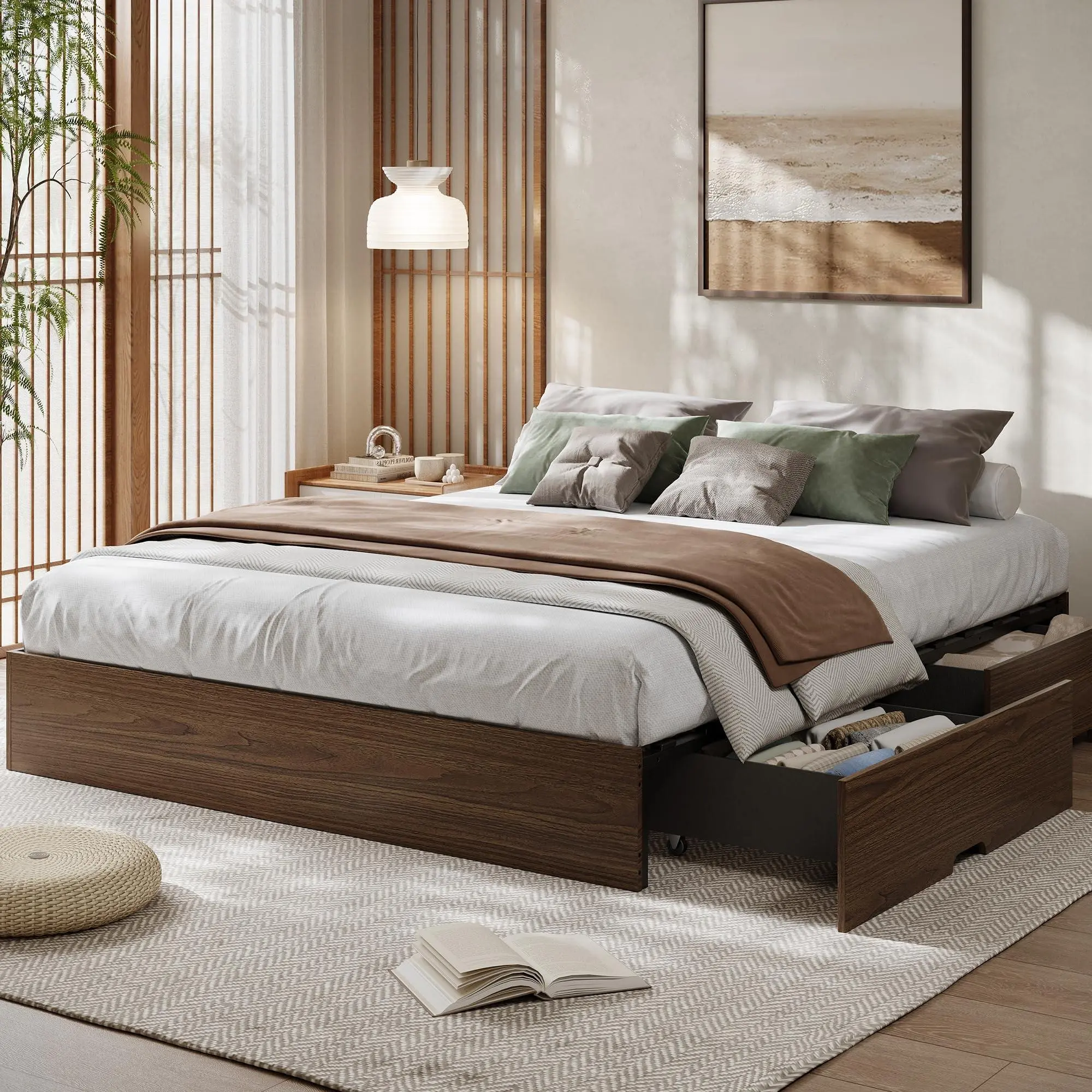 Queen Size Wood Platform Bed Frame with 2 Storage Drawers, Wooden Bed Frame Without Headboard, Wood Slat Support, No Box Spring Needed, Easy Assembly