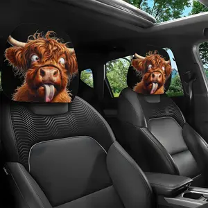 2 pieces, tongue-revealing highland cow printed car headrest cover, Auto Accessories, a fun interior decoration, easy to clean and quick to install, suitable for road trips and leisure activities
