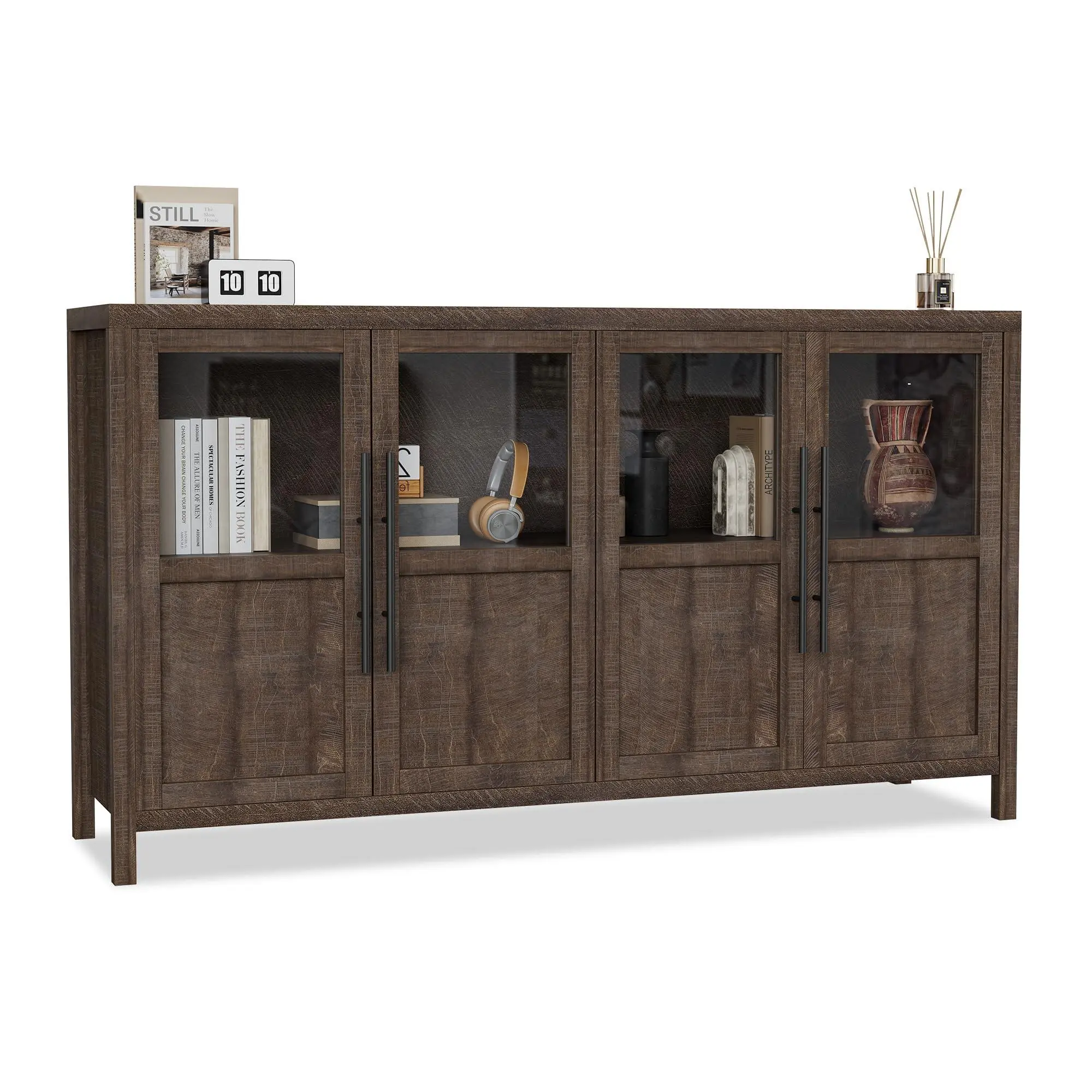Rustic Brown Wood 4-Glass-Door Narrow Sideboard Buffet Cabinet - 55.11x15.75x33.86 in, Modern Farmhouse Look, Space-Saving, 200 lbs Capacity, Easy Care, Assembly Required, Engineered Wood Dining Furniture for Kitchen, Living Room