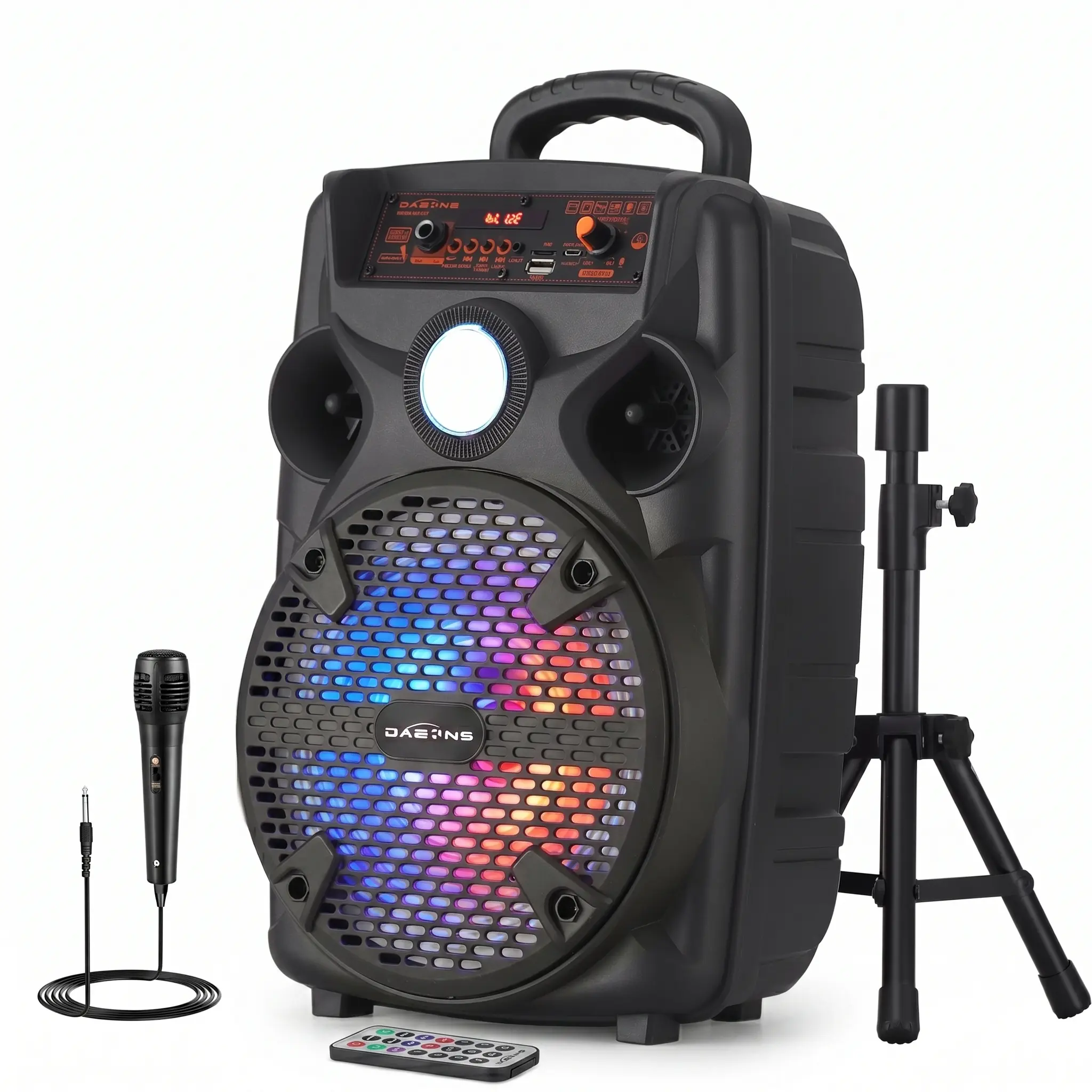 8" Portable Wireless Party Speaker with Tripod Stand, Rechargeable Bluetooth Speaker Set with Wired Microphone & Remote