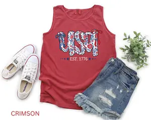 Comfort Colors USA Tank 4th of July Tee Floral USA Shirt Summer Patriotic Memorial Day Tee for women, America EST 1776 Red White Blue Shirt