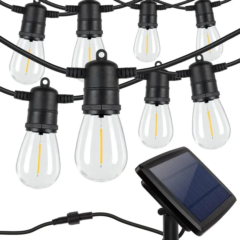 MATULSA Solar Outdoor Lights 48FT S14 String Lights - 15+1 Bulb Set, 1W Shatterproof LED Edison Bulbs, Waterproof, 3 Lighting Modes, Lanterns, Hooks, Cords, Screws, 5ft Spacing, Easy Installation for Backyard, Balcony