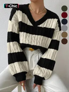 Women's Cable Knit Color Block Striped V Neck Oversized Sweater Knitwear, Casual Long Sleeve Drop Shoulder Jumper Pullover Tops for Autumn & Winter, Korean Aesthetic Style Clothes Womenswear