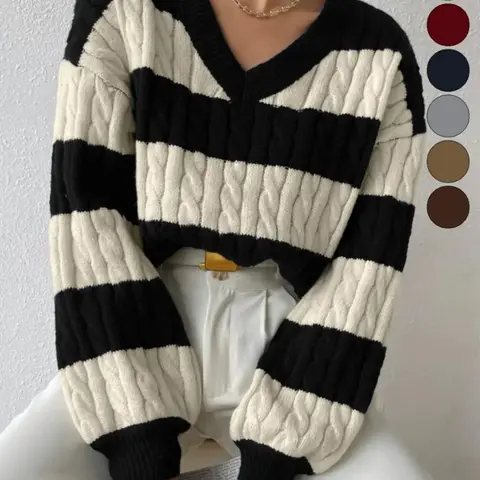 Women's Cable Knit Color Block Striped V Neck Knitted Loose Oversized Baggy Fit Sweater Knitwear, Casual Long Sleeve Drop Shoulder Jumper Pullover Tops for Autumn & Winter, Korean Aesthetic Style Clothes Womenswear