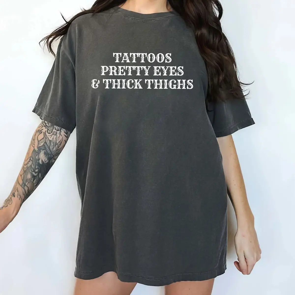 Tattoos Pretty Eyes And Thick Thighs Shirt, Tatted Women Graphic Printed Tee, Tatted Mom Unhinged Shirt, Feral Human T-shirt, Adult Humor Tee, Tattoos Lover Comfy Fabric Graphic Tee, Women's Tops, Womenswear, Cotton Fabric Relaxed Fit Chic Style