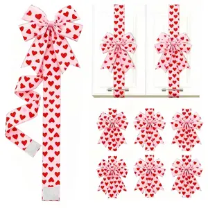 Valentine's Day Heart Print Fabric Bow Tie Set, Heart Ribbon Bows, Decorative Bows, Pre-Made Bow Shape, Modern Cabinet Door Decor, Easy Peel & Stick