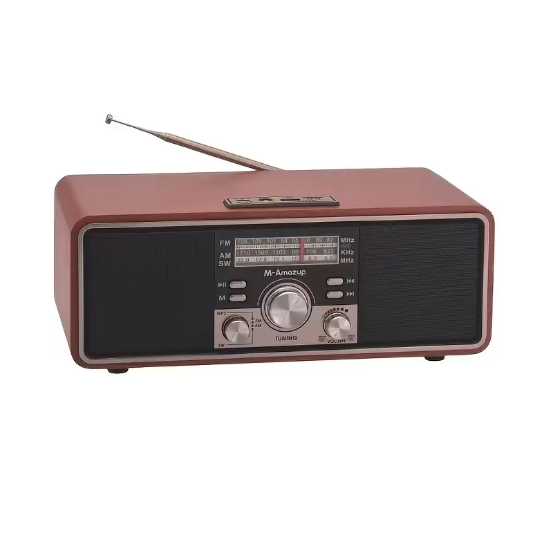 Vintage wood grain shortwave radio, full AM/FM/SW bands with adjustable antenna, Bluetooth 5.1 wireless speaker, USB/TF/MP3 playback, TWS stereo function, USB rechargeable 18650 battery, portable multiband receiver for daily news and global broadcasts