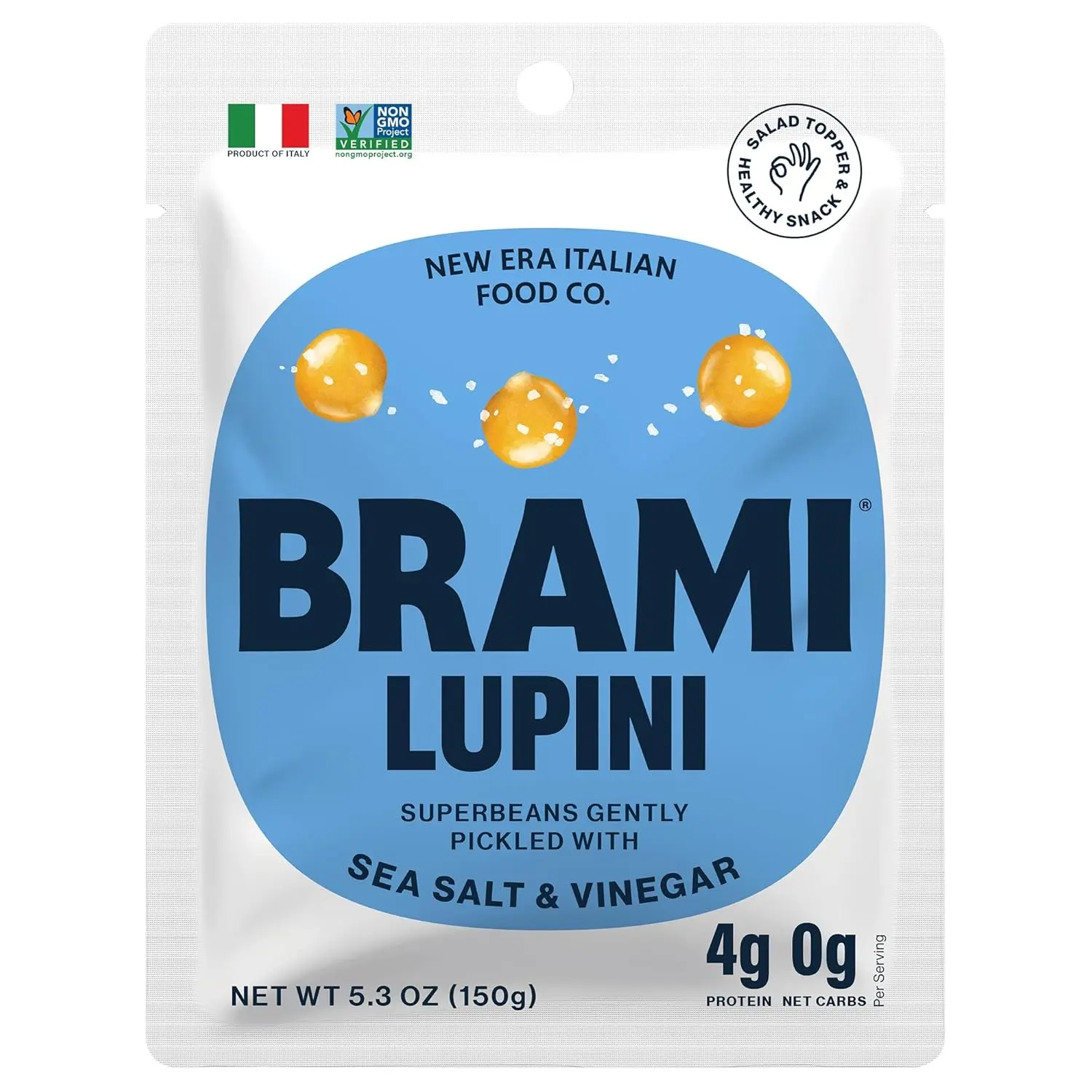 BRAMI Lupini Beans Snack, Sea Salt & Vinegar, 7g Plant Based Protein, 0g Net Carbs, Vegan, Vegetarian, Keto, Mediterranean Diet, Non Perishable, 5.3oz