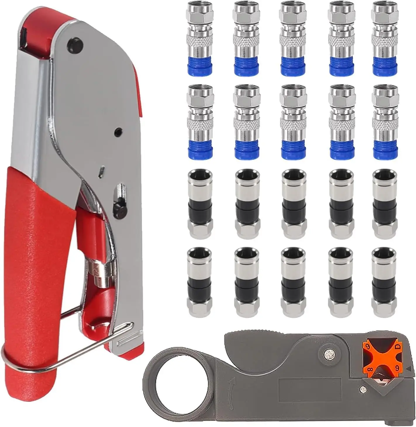 Coax Cable Crimper Tool Kit with 20pcs F Type RG59 RG6 Compression Connectors Coaxial Cable Stripper Coaxial Cable Compression Tool Kit