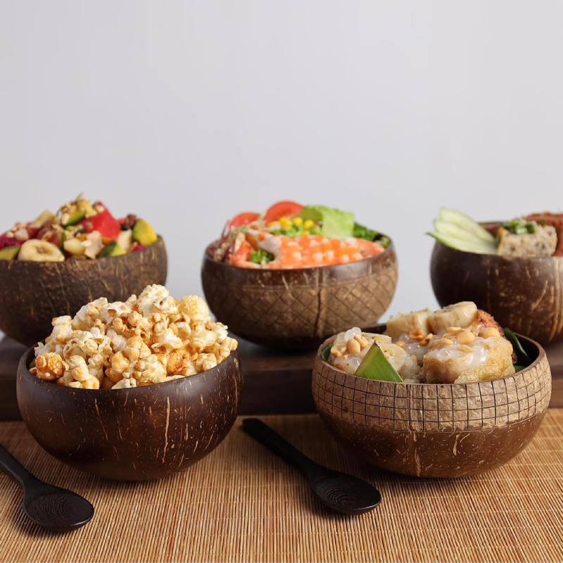 Coconut Bowl with Wooden Spoons and  Straw - Vegan , Made from   Coconut Shells for Smoothies, Acai & Buddha Bowls (4, Leaf)
