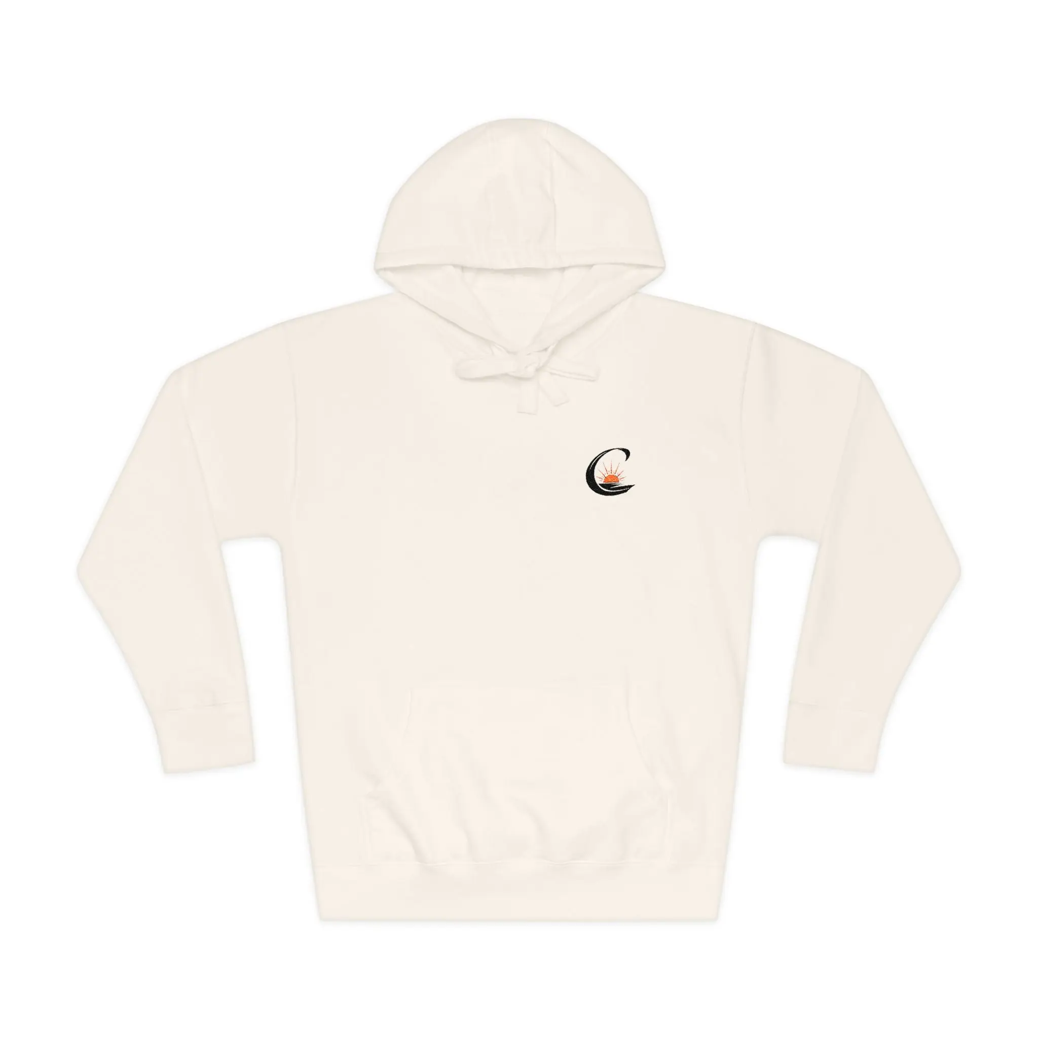 Curiosity Black Emblem Hoodie | Small Chest Graphic, Cream Pullover