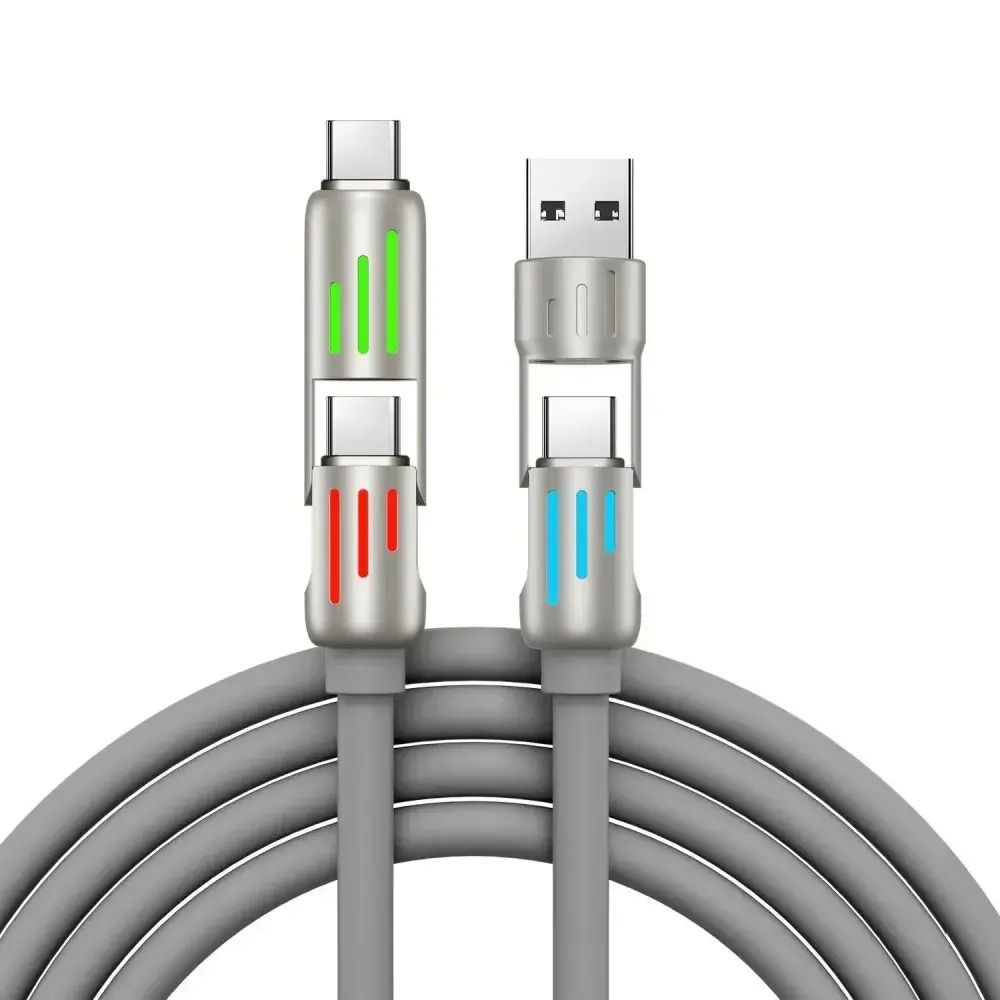4-in-1 Multifunctional PD Fast Charging Cable with Thick Soft Silicone, 240W Light Bar, Multicolor Breathing Lights, USB-C/Type-A Compatibility for Mobile Phones
