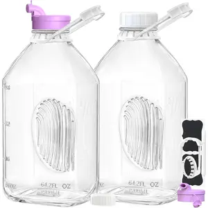 64 Oz Heavy Duty Glass Milk Bottle with 1 Silicone Spout and 3 Reusable Airtight SCREW LID, 2 Qt Glass Water Bottle with 2 Exact Scale Lines - Milk Jug Pitcher - 1/2 Gal Juice Bottles