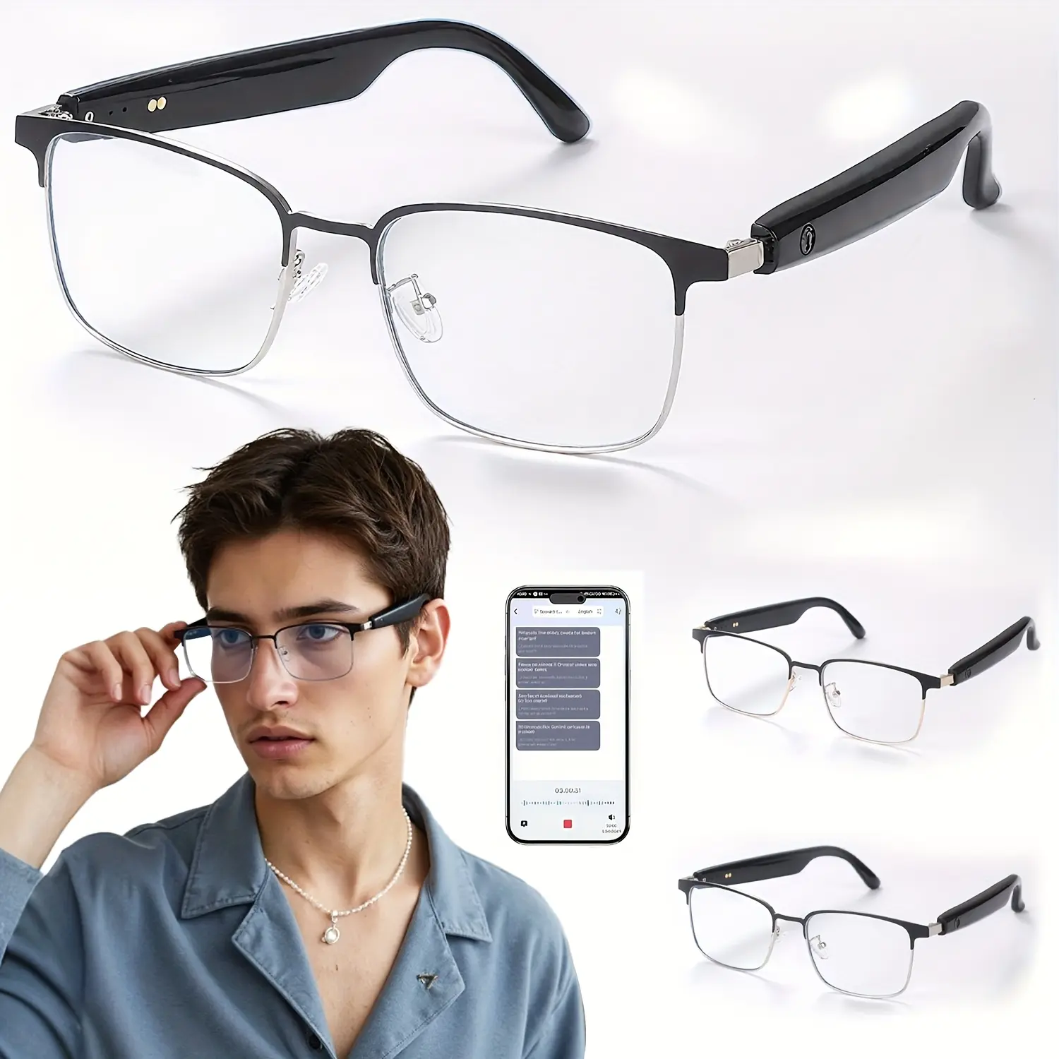 AI smart glasses, BT audio glasses, support real-time translation AI translator, music, calls, voice assistant, open stereo speakers dual magnetic charging, suitable for business, office daily life, suitable for men and women glasses (Golden and silver)