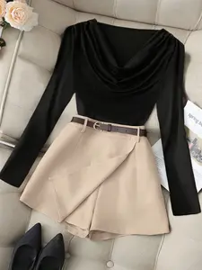 Elegant Women's Fall Winter Commuter Two-Piece Set Suits, Solid Color Pleated Blouse and Mini Skirt Pants, Stylish Office Wear Outfit Top