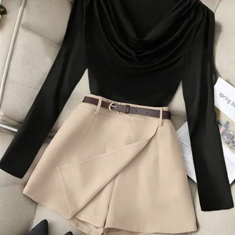 Elegant Women's Fall Winter Commuter Two-Piece Set Suits, Solid Color Pleated Blouse and Mini Skirt Pants, Stylish Office Wear Outfit Top, Fashion Business Outfits
