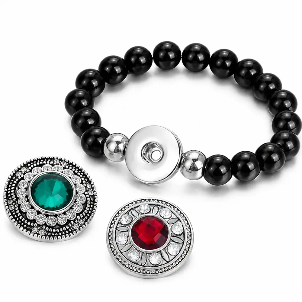 Bundle - 1 Snap Jewelry 6.5-inch Ginger Charm Black Bead Bracelet, 2 Green Red Snaps, Fits 18MM 20MM Women's Customizable Buttons