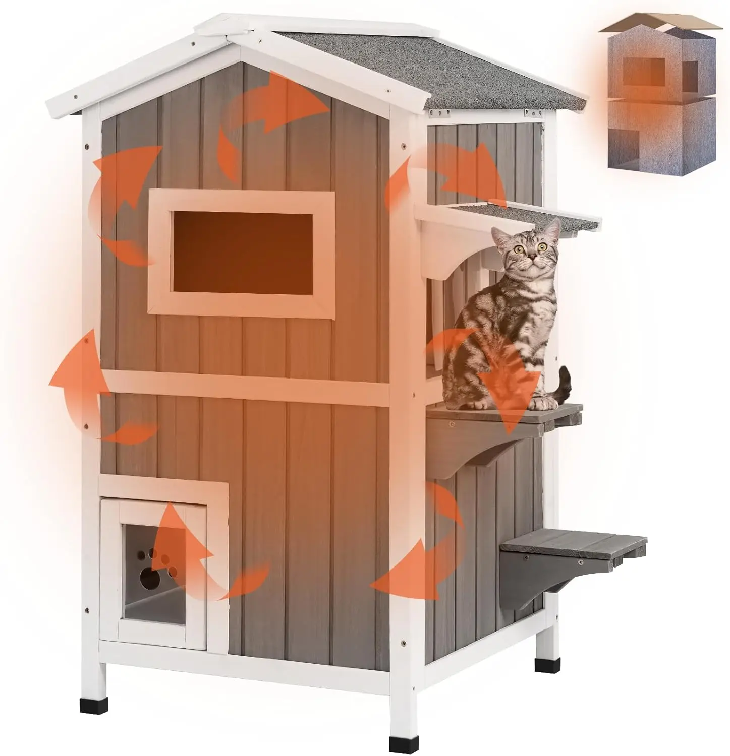 PetsCosset Insulated Cat House Outdoor Weatherproof All-Round Insulation Two Story Outside Wooden Feral Cat Shelter for Winter with 2 Escape Doors Enclosure