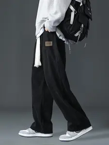 Unisex Solid Color Drawstring Corduroy Pants, Casual Letter Patchwork Straight-Leg Pants, Loose Fashion Comfortable Soft Casual Trousers, Suitable for Outdoor Wear summervibes