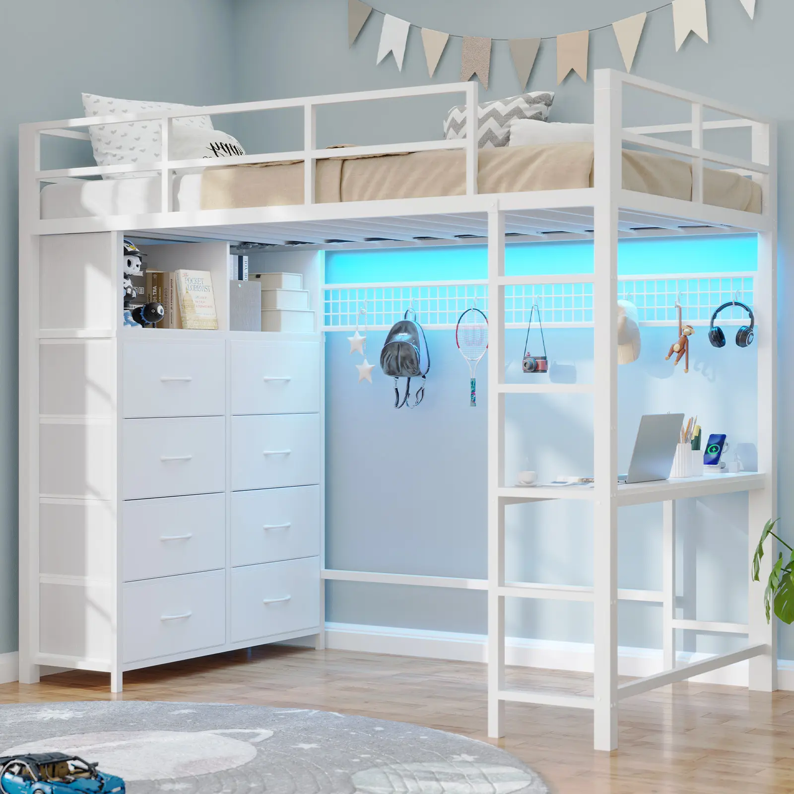 ADORNEVE Twin Size LED Loft Bed Frame with Desk and 8 Storage Drawers