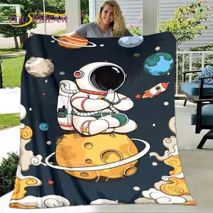 Child Cartoon Astronaut Outer Space Blanket,Flannel Blanket Throw Blanket,Soft Warm Blanket for Living Room BedroomFather's Day, Thanksgiving, Halloween, holiday gifts for family and friends summerwins