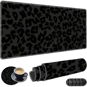 Large Gaming  Pad Plus a Coasters +  Clips, Black Leopard Print Extended Mousepad (31.5 x 11.8) with Stitched Edge, Foldable Computer Keyboard Desktop  Decor  Mat for Home Office