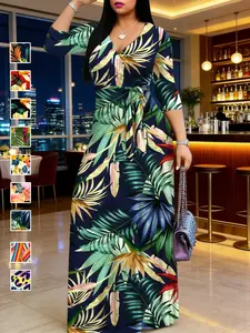 Elegant V-Neck Printed Dress with High Waist and Belt, Perfect for Holidays and Parties, Ideal for Mother's Day, Valentine's Day, Christmas