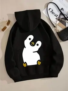 【Plus Size】 Cartoon Penguin Print Hoodie, Casual Long Sleeve Hooded Sweatshirt for Fall & Winter, Women's Clothing for Daily Wear