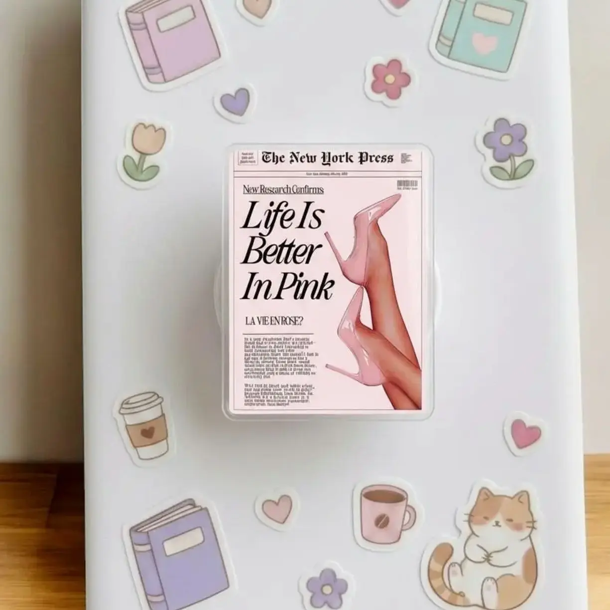 Aesthetic Newspaper Phone Grip | Life Is Better In Pink Cute Phone Stand Holder