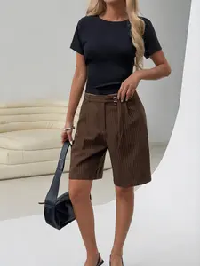 Women Brown Pinstripe Bermuda Shorts High Waist Tailored Knee Length Shorts Belted Office Shorts Straight Leg Dressy Shorts Minimalist Workwear Casual Chic Summer Commuter Streetwear Elegant Loose Fit Suit Shorts