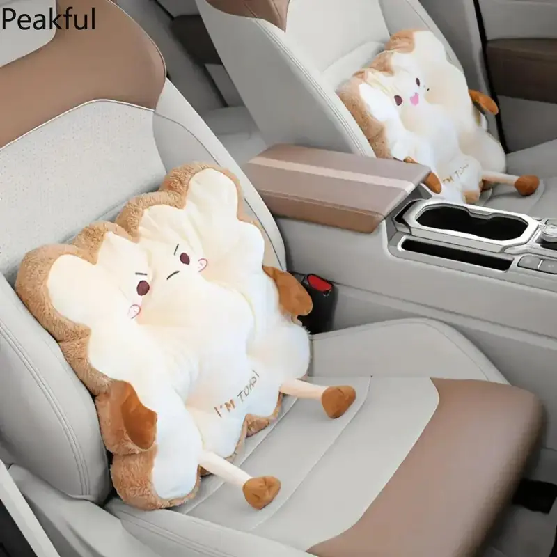 1PC Cartoon Toast Car Seat Cushion Comfort Back Support Pad Anti-Fatigue Washable Cushion Pillow Soft Plush Material Universal for Cars SUVs Van Lovely Interior Accessory