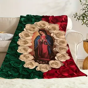 Virgin Mary and Rose Flannel Blanket - Comfortable All-Season Bedding, Suitable for Napping, Camping, Travel. Machine Washable - Perfect Gift for Friends and Family
