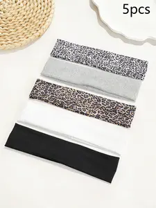 5pcs Vintage Elegant Leopard Print Soft Fabric Hair Bands, Sweat-Absorbent Elastic Fit Hair Bands for Daily Use and Sports, Versatile Use Hair Accessories, Vintage Style