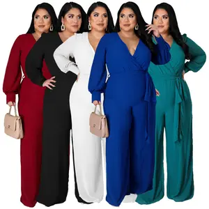 Fashionable plus-size women's clothing cross-border supply: Elegant loose-fitting straight-cut solid color jumpsuit with belt spring