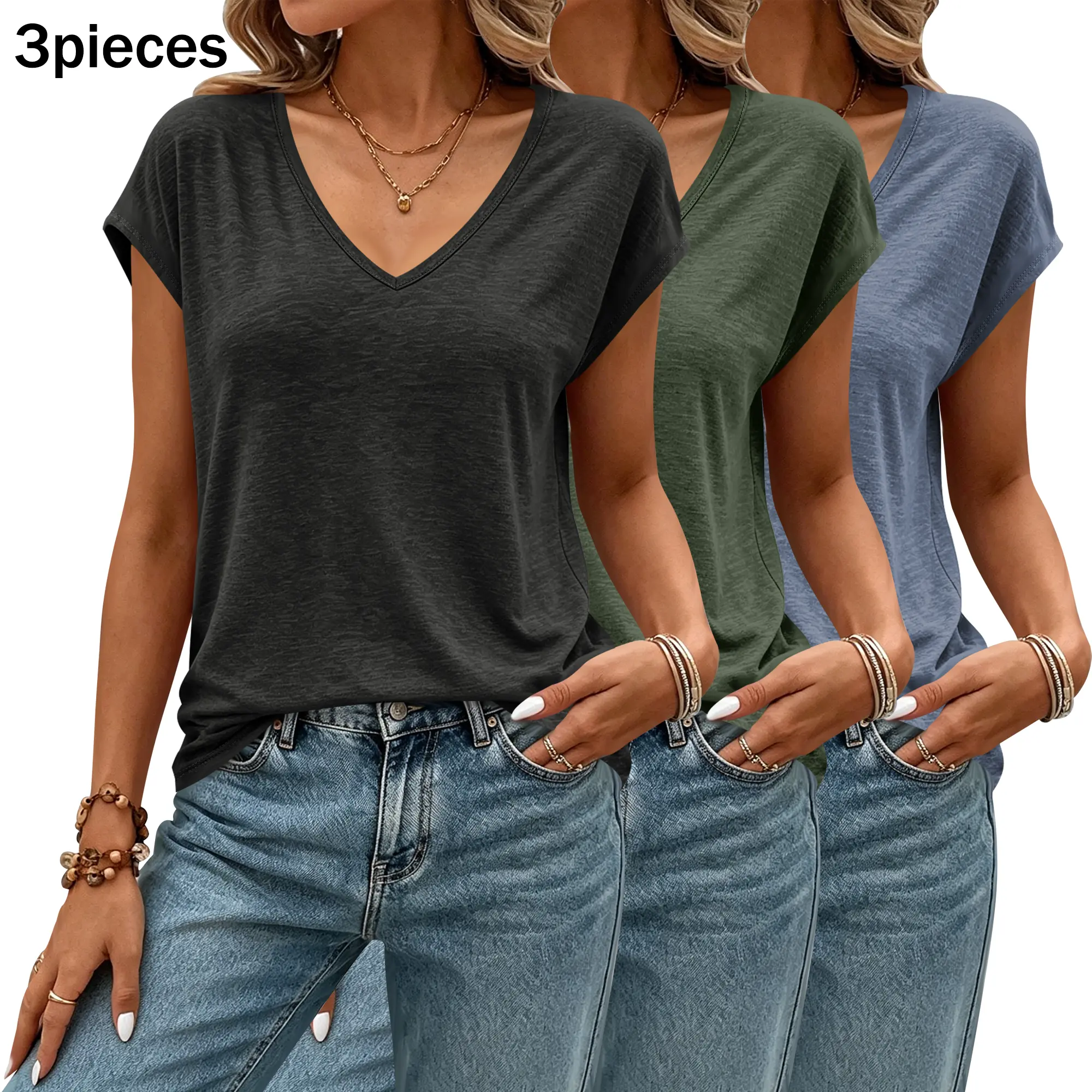 3 Pack Buttery Soft Cap Sleeve V Neck Tees Loose Fit Casual Wardrobe Staple Summer Tops Basic Minimalist Chic Everyday Womenswear