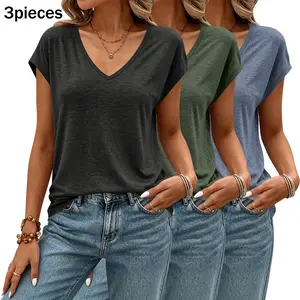 3 Pack Buttery Soft Cap Sleeve V Neck Tees Loose Fit Casual Wardrobe Staple Summer Tops Basic Minimalist Chic Everyday Womenswear