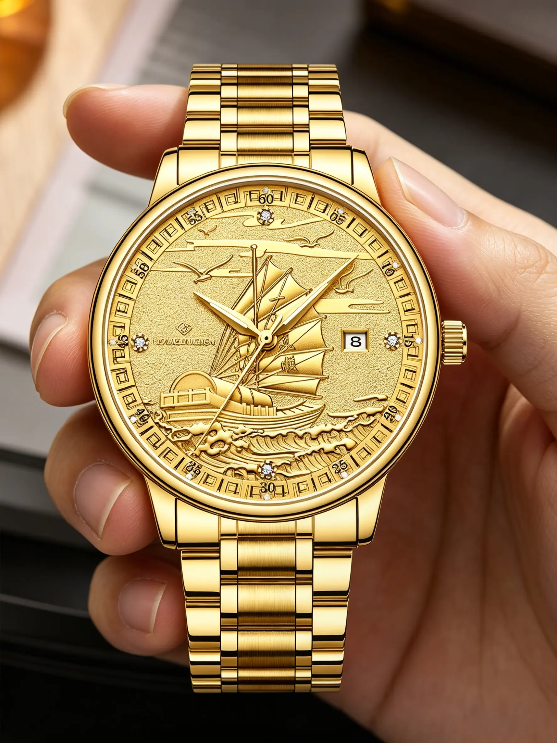 Men's Luxury Mechanical Watch, Timeless Sailboat Design, Steel Strap, 3D Embossed Case, Casual Calendar Model, Classic Analog Watch, Ideal for Fathers