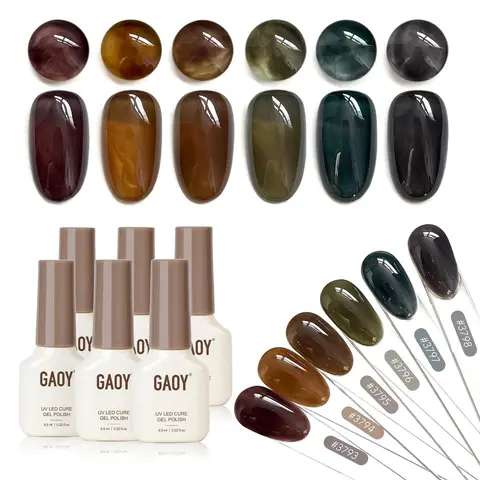 GAOY Dark Gel Nail Polish Set, 6 Color Milky Jelly Brown Green Black UV Gel | Blooming Effect, Buildable Color, UV Lamp Required, Long Lasting, Easy to Apply, Salon Manicure at Home