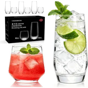 Drinking Glasses Set, 4 Highball Glasses 18 oz & 4 Stemless Rocks Glasses 13 oz,Glass Cups,Glassware Sets for Cocktail, Beer, Wine, Whiskey, Water & Juice Drinkware